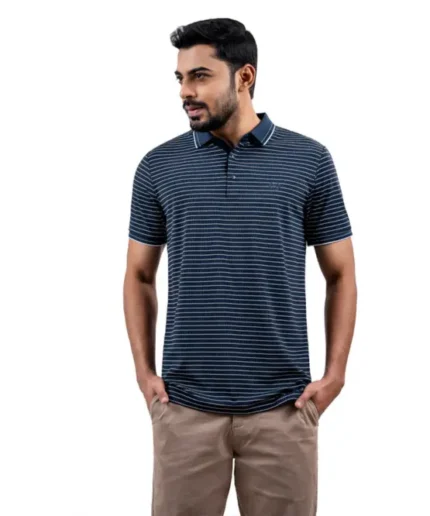 FarFashion Dark Blue Color Stripe Half Sleeve Polo Shirt